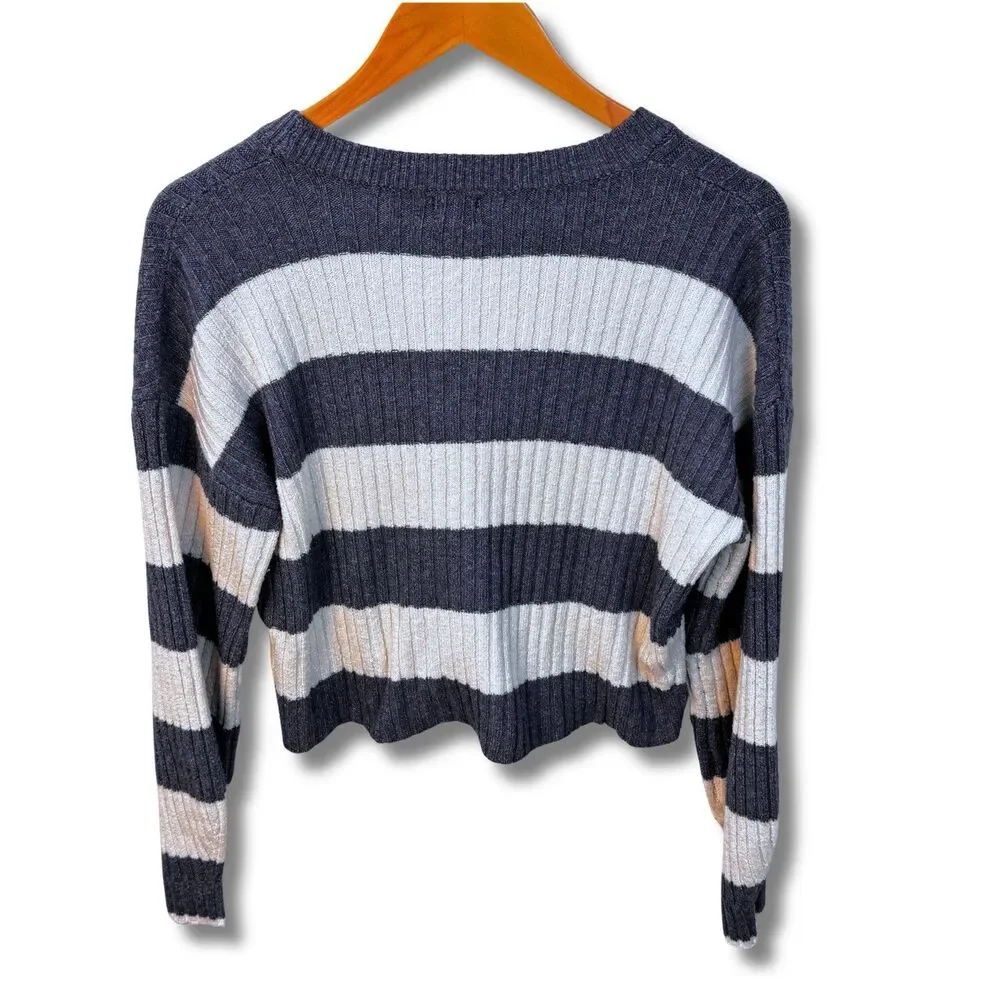 Blue Rain Striped Cropped Cardigan Sz Small Blue and Cream Stripes Button Front